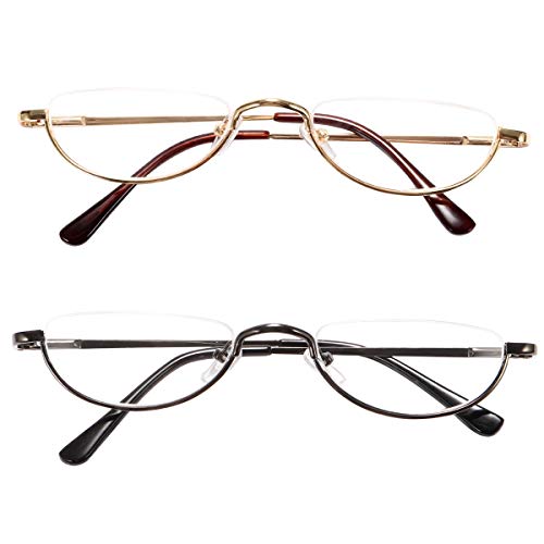 Fuaisi Vintage Alloy Half Moon Classic Reading Glasses Men And Women Half Frame Slim Glasses (2 Pairs/Gold+Gun, 150)