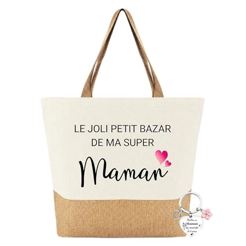 AHEZQILU Cadeau Fete des Meres Set, Cadeau Maman Lin Jaune Naturel Tote Bag et Porte-clés, super maman Anniversaire Cadeaux, Cadeaux de Noël, pour Plage, Courses et Voyages