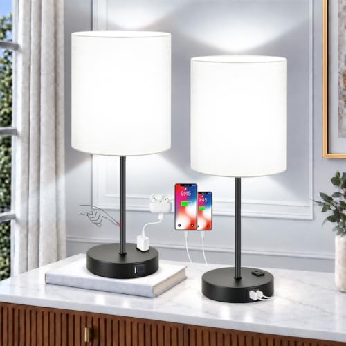 Lynnoland Set of 2 Touch Control Table Lamps with 2 USB & AC Outlet, 3-Way Dimmable Bedside Nightstand Lamps for Bedroom Living Room Nursery, 800 Lumens 5000K Daylight Bulbs Included
