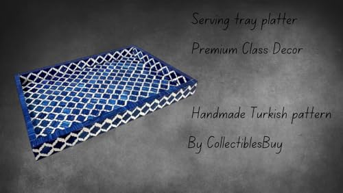Handmade Bone Inlay Serving Tray – Blue & White Moroccan Damask Breakfast Tray – Rectangular Wooden Platter for Dining, Decor, Cheese Boards & Vanity