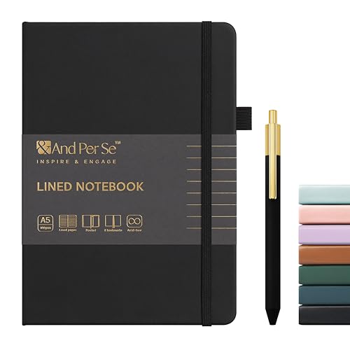 &And Per Se Lined Journal and Pen Set, A5 Leather Hardcover Notebook with Pen & Stationary Set, 160 Pages 100GSM Thick Ruled Paper Journal for Business Work Writing (Black)