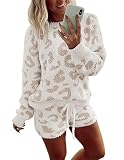 Ekouaer Fuzzy Fleece Pajamas 2 Piece Warm Soft Lounge Set Long Sleeve Sweater Top and Shorts Loungewear Outfits Sweatsuits Beige Leopard L