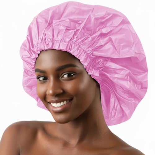 DONNA Super Jumbo Shower Cap – Comfortable Elastic Band, 100% Waterproof Hair Cap for Long Hair, Braids & Thick Styles, Reusable Big Shower Cap for Women, Keeps Hair Dry & Protected, PINK