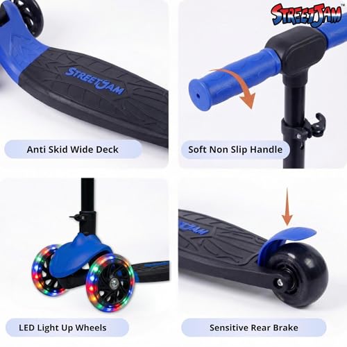Image of STREETJAM Zoltra LED Wheel Kids Kick Scooter 3-12 Years, LED Light Wheels, BIS Approved, Lean-to-Steer Control, Extra Wide Deck, Vibrant Two-Tone Design, Up to 50 kg Load (Royal Blue with Black)