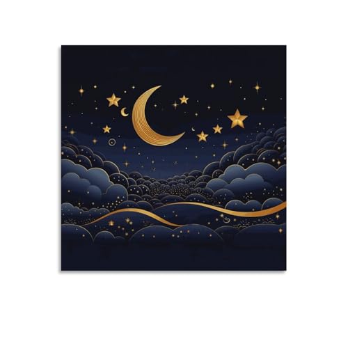 Toile murale abstraite haute définition lune et étoiles déco murale