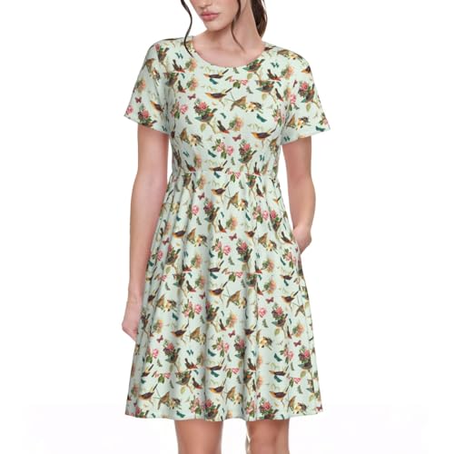 Robe d'été décontractée pour femme avec motif oiseau chic à manches courtes
