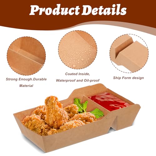 Limbeuuu 125 Pack Food Serving Tray, 2 Compartment Disposable Kraft Nacho Boat Tray, Grease Resistant Heavy Duty Paperboard, Take Out Fast Food Snack Holder Container for Party - Thumbnail 3