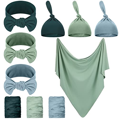Image of Tudomro 9 Pieces 3 Sets Newborn Swaddle Set with Hat Headband Cotton Baby Green Swaddle Blanket Newborn Swaddle Wrap Receiving Blanket for Baby Girl Boy, 31.5" x 31.5", Green, Dark Green, Blue