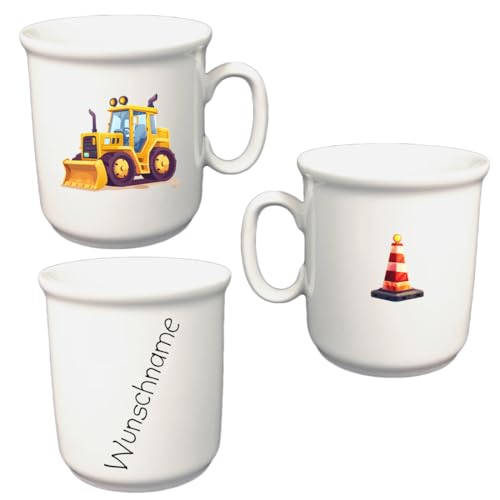 Kindergeschirr personalisiert - Frühstücksservice 3-tlg. Porzellan Teller Becher Schale personalisierbar mit Wunschname Name Frühstücksset mit Namen personalisiert (Radlader)