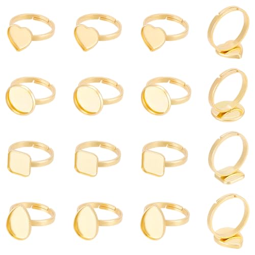 UNICRAFTAL - Anillo de acero inoxidable chapado en oro de 18 quilates, base de anillos redondos cuadrados, corazón lágrima, anillos ajustables, anillo en blanco, bandeja para hacer anillos de joyería