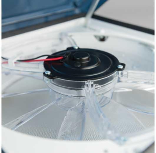 Close-up view of the Fan-Tastic Vent motor and clear fan blades.
