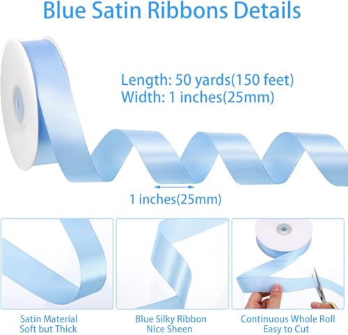 Image of woric Blue Ribbon 1 Inch 50 Yards Light Baby Blue Satin Ribbon Blue Hair Bows for Beach Wedding Balloon Wreaths Summer Party Decoration Baby Boy Shower Ribbons