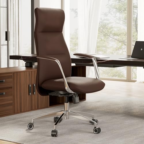 Image of EUREKA ERGONOMIC Royal Slim Executive High Back Brown Leather Office Chair, Home Desk Chair for Adults, Big and Tall with Wheels, Swivel Rolling