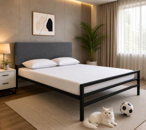 Image of Metal Platform Bed Frame with Upholstered Headboard, Grey Tufted headboard, Minimalist Bedroom Furniture, Sturdy Steel Slat Support, Contemporary Bedroom Decor, Queen Size Comfortable