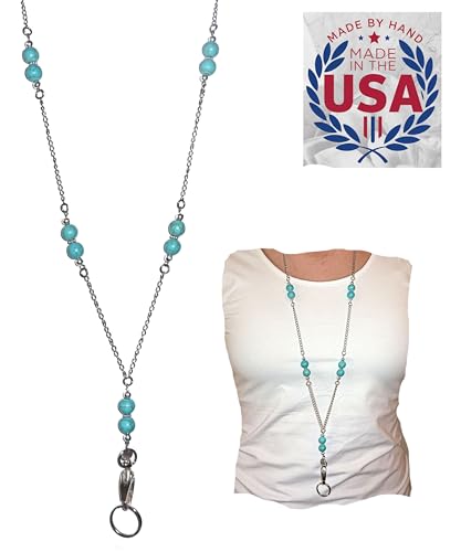 Hidden Hollow Beads Beaded Chain Lanyard, 34" Made in USA, ID Badge Holder, Women's Fashion Lanyard (Turquoise Magnetic Breakaway)