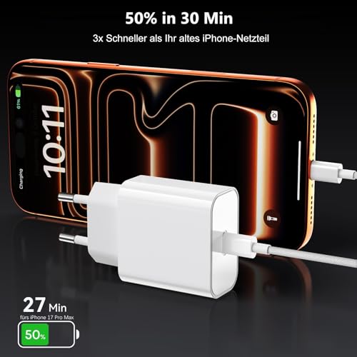 20 W USB C Ladegerät mit 2m USB C zu C Ladekabel für Phone 17/16/16e/15,17/16/15pro,17/16/15pro Max,17 Air,16/15 Plus, Pad Pro/Air/Mini,2 Psck Schnellladegerät Stecker &Schnellladekabel