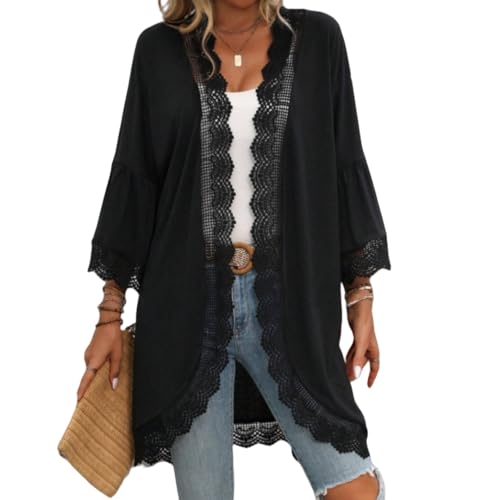 WLLDDDIU Cárdigan de Gasa Transparente para Mujer, Tipo Kimono con Encaje Abierto Al Frente, Chaqueta Bolero Transparente de Manga 3/4, Ropa de Playa Informal de Verano, Color Negro, Talla L