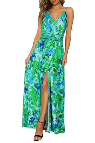Newshows Women Summer 2025 Maxi Dress Vacation Floral Spaghetti Strap Spring Casual Boho Split Beach Long Flowy Sundress