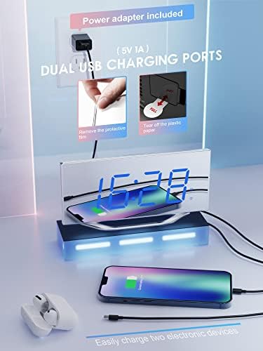 ROCAM Digital Alarm Clock, 8.7" Large LED Mirror Desk Clock, Digital Clock for Bedroom/Office, Simple Loud Alarm Clock for Heavy Sleepers, 2 USB Port, Snooze, Dimmable, 7 Levels Brightness & Volume