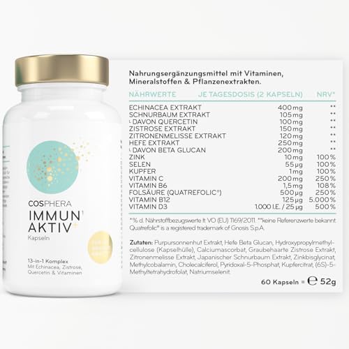 COSPHERA® 13-in-1 Immun Komplex - mit Echinacea, Vitamin C, Zink, Selen, Zistrose, Quercetin, D3, B6, B9, B12 - Vitamin Komplex zum Immunsystem Stärken Erwachsene - Vegan & Hochdosiert