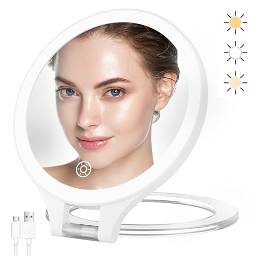 Lighted Double-Sided Travel Makeup Mirror for Vanity - 10X/1X Magnification