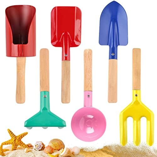 PLACHIDAY Beach Toys for Kids, 6Pcs 8'' Kids Gardening Tools with Sturdy Wooden Handle Sand Toys Set Metal Gardening Equipment Cylinder, Spoon, Fork, Rake, Flat Shovel & Pointed Shovel