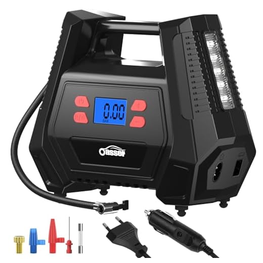 Oasser Inflador Ruedas Coche DC 12V y AC 220V Compresor Aire portatil con Pantalla LCD Luz LED Cable de 3M 150PSI para Coches, Motos y Bicicletas
