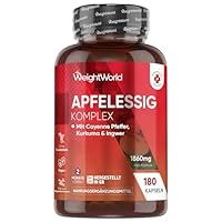 Apfelessig Kapseln - 1860mg Apfelwein Essig Komplex aus Muttersaft, Kurkuma, Ingwer, Cayennepfeffer - 2 Mrd. KBE Bakterienstämme - 180 Kapseln für 2 Monate - Apple Cider Vinegar Capsules - WeightWorld