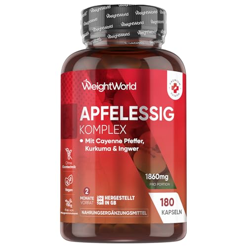 Apfelessig Kapseln - 1860mg Apfelwein Essig Komplex aus Muttersaft, Kurkuma, Ingwer, Cayennepfeffer - 2 Mrd. KBE Bakterienstämme - 180 Kapseln für 2 Monate - Apple Cider Vinegar Capsules - WeightWorld