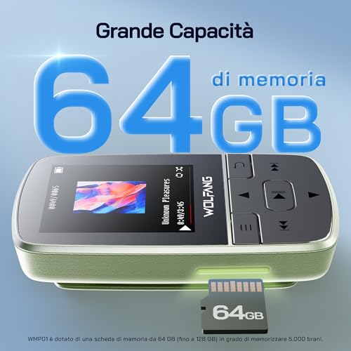 Wolfang Lettore MP3 Da 64 Gb Con Bluetooth 5.2, Clip Sportiva, Formato Mini, Peso 28,3 G, Radio Fm Hif, Registratore Vocale, Auricolari Inclusi, Verde Militare - 7
