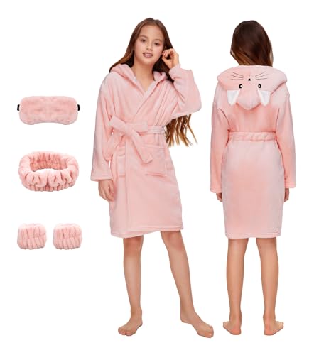 EPLAZA Girls Boys Fleece Robe with Eyemask Hairband wrist towels Kids Hooded Plush Lightweight Bathrobe Sleepwear (Cat pink, 10)