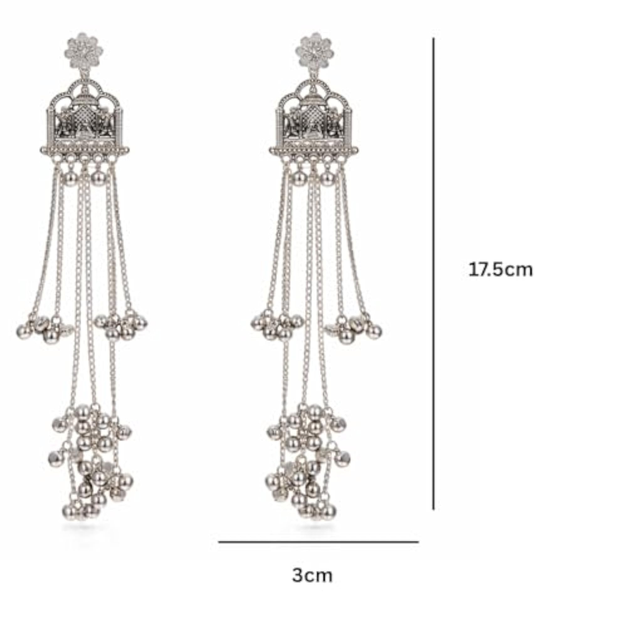 Traditional Oxidized Long Tassel Earrings with Temple Motif
