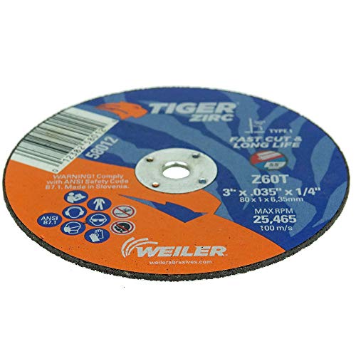 Image of Weiler 58012 3-Inch Cutting Wheel, Tiger Zirc Metal Fast Cut & Long Life, High Performance Cutting, 0.035 inch Z60T Type 1 1 /4 inch Arbor (Pack of 100)
