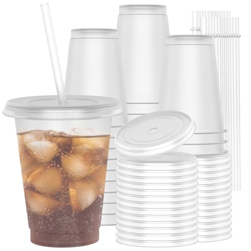 OZMOJOO Vasos de plástico de 473 ml (16 floz) con tapa y pajita (30 unidades) - Estable y seguro para alimentos, vasos reutilizables para café helado, batidos, batidos - transparente