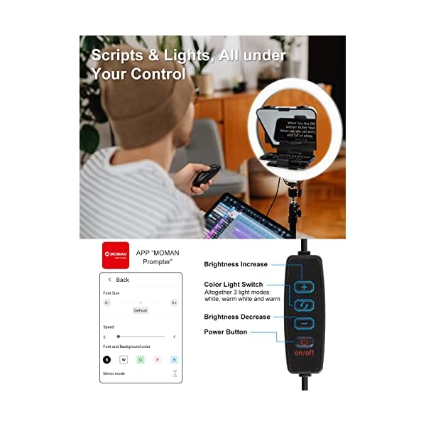 Teleprompter, Moman MTR 7.8Zoll Tragbar Klein Prompting Kit mit Ringleuchte, App, Fernbedienung für iPhone iOS/Android… – Bild 6