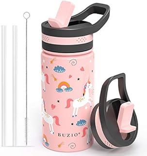 BUZIO Vacuum Insulated Stainless Steel Water Bottle for Kids(Cold for 48 Hrs/Hot for 24 Hrs), 400ml Double Walled Wide Mouth Sports Drink Flask with BPA Free Straw Lid and Flex Cap