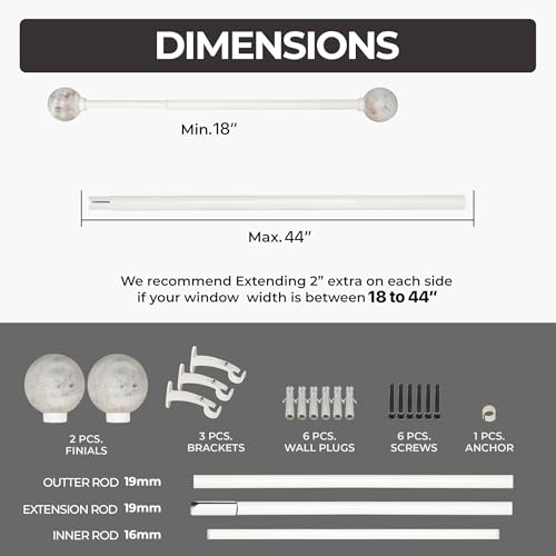 Image of Deco Window 18 inch-44 inch Adjustable Rustproof Curtain Rod for Doors & Windows with Brackets, Extendable Iron Metal Pipe Holder with Wood Ball Finials (Ivory,19MM Diameter)
