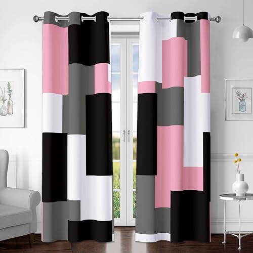 Tyrot Pink 100% Blackout Curtains for Bedroom 72 inch Length 2 Panels Set Grey Modern Abstract Geometric Black Out Curtains Thermal Insulated Room Darkening Window Drapes for Living Room, 42