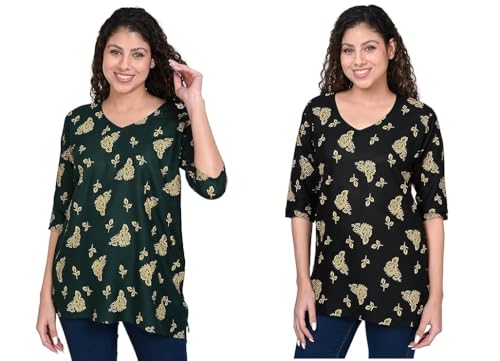 Image of Women's Rayon Printed Short Kurti Pack of 2 - Regular Fit Ethnic Wear | Comfortable Casual & Festive Kurtas for Women