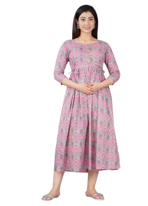 Women Cotton Printed Maternity Gown | Western Dress with Zippers for Nursing Pre and Post Pregnancy Kurta | Feeding Kurti | Lavender | XL-image-34