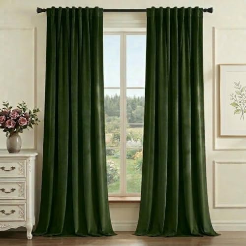 Image of StangH Moss Green Velvet Curtains 96 Inch Length, Victorian Style Drapes for High Ceiling Living Room, Soundproof Room Darkening Window Coverings, W52 x L96, 2 Panels