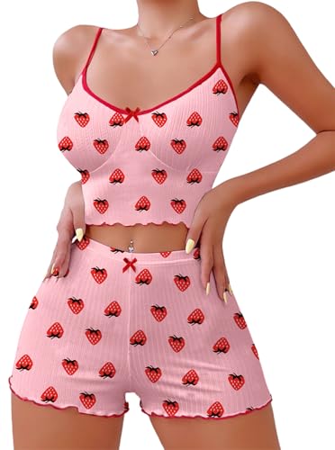 Image of Hilinker Womens Graphic Print Ribbed PJ Set Crop Cami Tops and Shorts Cute Pajamas Set
