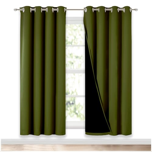 Image of NICETOWN 100% Blackout Window Curtain Panels, Olive Green, 2 Pieces, 52-inch Wide Per Panel, Full Light Blocking Drapes with Black Liner for Nursery, 72-inch Drop Thermal Insulated Draperies
