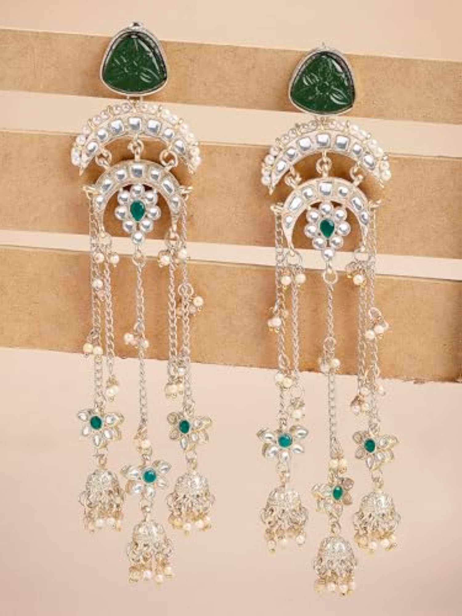 Ethnic Gold Plated Green Carved Stone Long Dangler Earrings