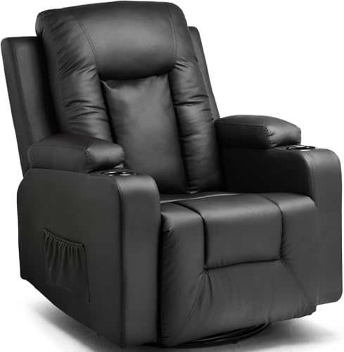 COMHOMA Relaxsessel Fernsehsessel mit verstellbarer Rückenlehne und Fußstütze,360°drehbarer Loungesessel aus PU-Leder mit Getränkehaltern und Seitentaschen,ergonomische Ganzkörperunterstützung,Schwarz