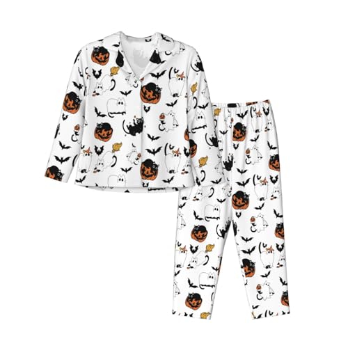 Anceky Pijama de Halloween para Mujer, con diseño de árbol, Cuervos, Gato Negro, Calavera, Ramas,AAAAAAlarga, Pantalones Largos, 2 Piezas