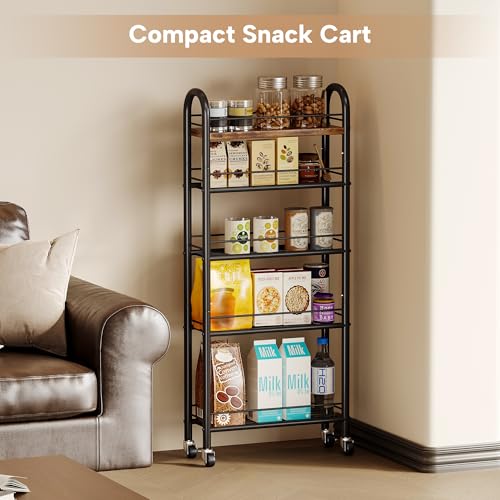 Slim Rolling Storage Cart, 5 Tier Narrow Utility Cart with Metal Frame and Wooden Top, Bathroom Storage Organizer Shelving Unit for Kitchen, Dining Room, Living Room,Home Office,Rustic Brown and Black