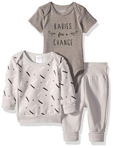 Hanes baby boys Ultimate Flexy Fleece Jogger With Sweatshirt and Bodysuit Layette Set, White/Grey Stripe, 12-18 Months US