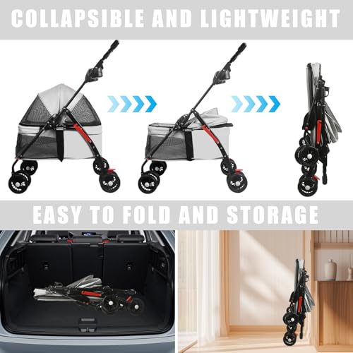 OMDOCA Carrinho de passeio com gaiola dobrável para cães e gatos, com cesta de armazenamento e supor
