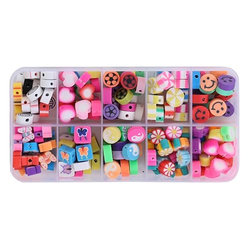 Image of Ambitieux 10-Partition Rubber Beads Bracelet Making Kit for Kids | 10 Designs of Emoji, Heart, Flower, Butterfly Beads | Includes Elastic Thread & Mini Scissors | DIY Jewellery Craft Set for Girls & Boys